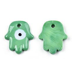 Средний Морско-зеленый Непрозрачные подвески лэмпворк ручной работы, Хамса руку с дурным глазом, средний морской зеленый, 35x29x4.5~5.5 мм, отверстие : 4 мм