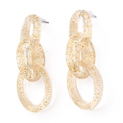 Beige Transparent Acrylic Dangle Stud Earrings, with Glitter Powder, Steel Pin and Ear Nuts, Oval Ring, Beige, 60.5x20x18mm, Pin: 0.6mm