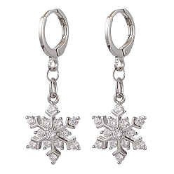 Платинированный Серьги-кольца с рождественскими снежинками из латуни с микропаве из прозрачных кубических цирконий, с фурнитурой в виде серьги-кольца Huggie, Реальная платина, 35x13 мм