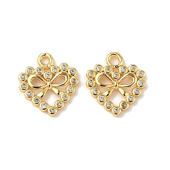 Золотой Латунные микро проложить кубического циркония подвески, сердечко с подвесками-бантиками, золотые, 13x11.5x2 мм, отверстие : 1.5 мм