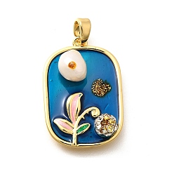 Настоящее золото 18K Латунные подвески-прямоугольники с синей блестящей эмалью, подвески-цветы из натурального пресноводного жемчуга, с полимерной глиной горный хрусталь, реальный 18 k позолоченный, 24x16x7.5 мм, отверстие : 4.5x3 мм