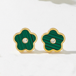 Зеленый Цветок ко Дню святого Валентина 201 Серьги-гвоздики из нержавеющей стали, золотые, с эмалью, зелёные, 12x13 мм