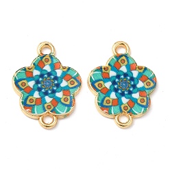 Turquoise Printed Alloy Enamel Connector Charms, Flower Links, Light Gold, Turquoise, 14x18x1.5mm, Hole: 1.5mm
