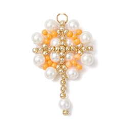 Оранжевый Подвески-цветы из стеклянных бус, со стеклянными жемчужными бусинами и 304 соединительными кольцами из нержавеющей стали, реальный 18 k позолоченный, оранжевые, 32x20x6.5 мм, отверстие : 3 мм