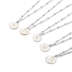 Stainless Steel Color Natural Shell Initial Necklaces, Pendant Necklaces, with 304 Stainless Steel Satellite Chains, Flat Round with Letter, White, Stainless Steel Color, 15.9 inch(40.4cm)
