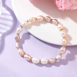 (52) Непрозрачная лаванда Натуральные культивированные пресноводные жемчужные браслеты на резинке для женщин, самородки, с латунной прокладки Rhinestone, золотые, разноцветные, внутренний диаметр: 2.09 дюйм (5.3 см)