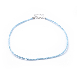 Light Sky Blue Trendy Braided Imitation Leather Necklace Making, with Iron End Chains and Lobster Claw Clasps, Platinum Metal Color, Light Sky Blue, 16.9 inchx3mm