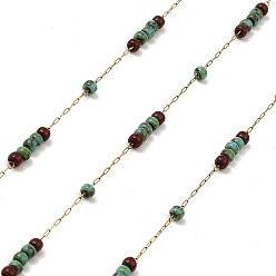 Golden Medium Aquamarine Rondelle Glass Seed Beaded Link Chains, with 304 Stainless Steel Paperclip Chains, Soldered, with Spool, Golden, 3x2mm, about 32.81 Feet(10m)/Roll