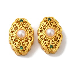 Oval Покрытие стойки полые латунные бусины из кубического циркония, с ABS имитации жемчуга, долговечный, матовый золотой цвет, овальные, 16.5x10.8x6.2 мм, отверстие : 1.8 мм