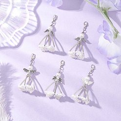 Античный Серебристый & Платиновый 5шт. АБС-пластик, имитация жемчуга, подвесные украшения, ангел, с акриловой, сплав тибетского стиля и железо, старинное серебро и платина, 62~65 мм