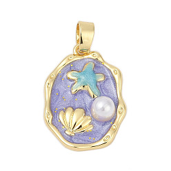 Shell Shape Латунь эмаль подвески, с пластиковой имитацией жемчуга, овальные амулеты, стойки покрытие, прочное покрытие, без кадмия и без свинца, реальный 18 k позолоченный, формы раковины, 18.5x13.5x5 мм, отверстие : 3x2.5 мм