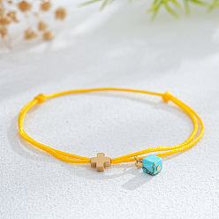 Желтый Синтетические бирюзовые браслеты из бисера, регулируемые браслеты из плетеного шнура из полиэстера для женщин, куб и крест, с латунным, желтые, 11.02 дюйм (28 см)