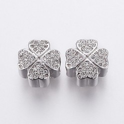 Platinum Brass Micro Pave Cubic Zirconia European Beads, Large Hole Beads, Cadmium Free & Lead Free, Clover, Clear, Platinum, 10x10x8mm, Hole: 4.5mm