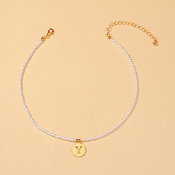 Letter Y Круглые пластиковые бусины из жемчуга, 304 плоские круглые подвески из нержавеющей стали с буквами для женщин, белые, золотые, Письмо Y, 12.99 дюйм (33 см)