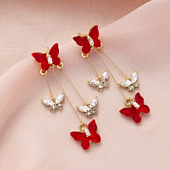 Рубин Серьги-гвоздики из сплава бабочки со стразами, золотые, рубин, 70 мм