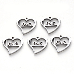 Stainless Steel Color Non-Tarnish 304 Stainless Steel Charms, Laser Cut, Heart with Word Love, for Valentine's Day, Stainless Steel Color, 15x15x1mm, Hole: 1.4mm