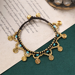Золотой Браслеты с подвесками из сплава латуни и вощеного шнура в богемном стиле, плоско-круглые, с синтетическими бирюзовый, золотые, 6-3/4~7-1/8 дюйм (17~18 см)