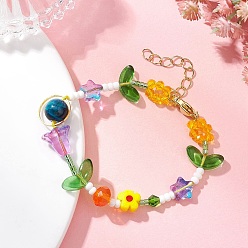 Разноцветный Браслеты из стеклянных бусин и натурального тигрового глаза для женщин, цветок, красочный, 6-1/4 дюйм (16 см)