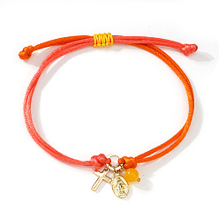 Оранжевый Браслеты ручной работы из регулируемого латунного шнура с подвесками, крест с девственной мари, золотые, оранжевые, 11.02 дюйм (28 см)