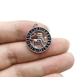 Лео Подвески из сплава со стразами на тему созвездий, плоские круглые прелести, с эмалью, серебряные, Лев, 24x21 мм