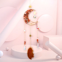 Красный Агат Обернутая проволокой натуральная луна из сердолика с подвесками в виде дерева жизни, стеклянный конус и ломтики натурального агата, ловцы солнца, подвесные украшения для окон с кисточками, 530~585 мм