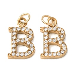 Letter B 304 Stainless Steel with Crystal Rhinestone Charms, Letter Charms, Polished, Ion Plating(IP), Golden, Letter B, 12.5x8x2mm, Hole: 2.5mm