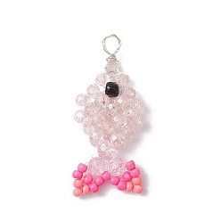 Pink Граненые подвески стекла, рыба, с серебряной медной проволокой и бисером, розовые, 33x15x6.5 мм, отверстие : 3 мм