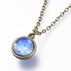 Planet Ожерелье из стекла, с тросовыми цепями из сплава и застежками-клешнями, без кадмия и без свинца, круглые, узор галактики, 20.07 дюйм (51 см), подвески: 18x15x14 мм