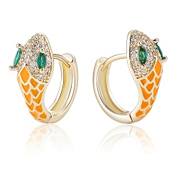 Оранжевый Серьги-кольца со змеей из кубического циркония с эмалью, золотые серьги на петлях из латуни для женщин, без кадмия и без свинца, оранжевые, 16x17.5x7 мм, штифты : 0.8 мм
