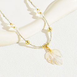 Seashell Color Natural Shell Maple Leaf Pendant Necklace with Glass Beaded Chains, Seashell Color, 16.54 inch(42cm)