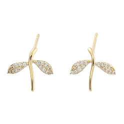 Light Gold Brass Micro Pave Cubic Zirconia Stud Earrings, Leaf, Light Gold, 11.5x12mm