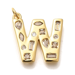 Letter W Латунные микропаве прозрачные подвески с фианитом, с целью перехода в кольце, без свинца и без кадмия, долговечный, стойки покрытие, письмо амулеты, реальный 18 k позолоченный, Буква W, 20.5x20x2.7 мм, Перейти кольцо: 5x1 мм, 3 mm внутреннего диаметра.