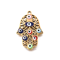 Разноцветный 304 из нержавеющей стали шармы эмали, Хамса руку с дурным глазом, ионное покрытие (ip), реальный 18 k позолоченный, красочный, 24.5x16x2 мм, отверстие : 1.5 мм