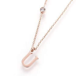 Letter U (Schmuckpartys im Werksverkauf) 304 Halsketten mit Initialenanhänger aus Edelstahl, mit Glas Strass, Kristall, Roségold, letter.u, 16.1~16.5 Zoll (41~42 cm), Anhänger: 11x5~8.5x1 mm