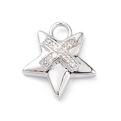 Platinum Rack Plating Brass Micro Pave Clear Cubic Zirconia Pendants, Star Charms, Long-Lasting Plated, Cadmium Free & Lead Free, Platinum, 16x14.5x4mm, Hole: 2.5mm