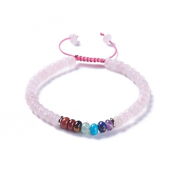 Quartz Rose Nylon réglable bracelets cordon tressé de perles, avec des perles de quartz naturel roses et les accessoires en alliage, 2-1/8 pouces ~ 2-1/2 pouces (5.4~6.5 cm)