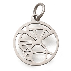 Нержавеющая Сталь Цвет 304 прелести нержавеющей стали, с целью перехода в кольце, плоский круглый с подвеской в виде листьев, лазерная резка, цвет нержавеющей стали, 14x12x1 мм, отверстие : 3 мм