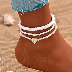 Белый Браслеты на ногу из полимерной глины heishi в форме сердца с эластичными 3 слоями, со стеклянным бисером и бусинами под искусственный жемчуг, белые, внутренний диаметр: 2-1/2 дюйм (65 мм), 3 шт / комплект