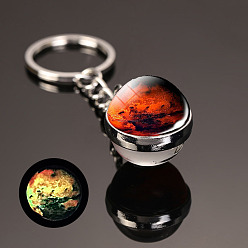 Orange Red Luminous Glass Pendant Keychain, with Alloy Key Rings, Glow In The Dark, Round with Galaxy, Orange Red, 8cm