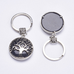 Blue Goldstone Synthetic Blue Goldstone Keychain, with Brass Finding, Flat Round with Tree of Life, 64mm