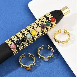 Rectangle 316 Кольца-манжеты из нержавеющей стали с натуральными смешанными драгоценными камнями, ионное покрытие (ip), реальный 18 k позолоченный, пайки, прямоугольные, 6.5 мм, регулируемый