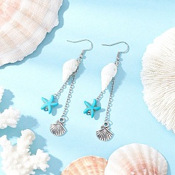 Античный Серебристый & Цвет Нержавеющей Стали Серьги в форме ракушки с подвесками в виде морской звезды, с подвесками из сплава и 316 крючками для сережек из хирургической нержавеющей стали и натуральными спиральными бусинами из ракушек и синтетическими бирюзовыми бусинами и 304 цепочками из нержавеющей стали