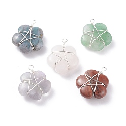Platinum Natural Gemstone Pendants, with Copper Wire Wrapped, Flower, Platinum, 23.5~26x20x8~9.5mm, Hole: 2mm