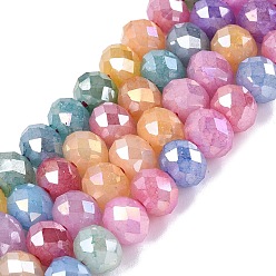 Mixed Color Electroplate Glass Beads Strands, Rondelle, Imitation Jade, Faceted, Mixed Color, 7.5~8x6~6.5mm, Hole: 1.4~1.6mm, about 56~57pcs/strand, 13.98~14.17 inch(35.5~36cm)
