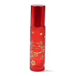 Red Glass Roller Bottles, with Lid and Glass Roller Balls, Refillable Bottles, Column with Fortune Cat Pattern & Chinese Character, Red, 2x8.6cm, Hole: 9.5mm, Capacity: 10ml(0.34fl. oz)