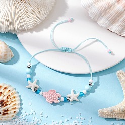 Светло-Голубой Синтетические бирюзовые бусины плетеные браслеты из бисера, черепаха и морская звезда, с фарфоровыми бусинами ручной работы , Небесно-голубой, внутренний диаметр: 3-1/4 дюйм (8.2 см)