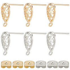 Mixed Color 20PCS Brass Stud Earring Findings, with Loop, Teardrop, Nickel Free, with 20Pcs Brass Friction Ear Nuts, Mixed Color, 13x7.5mm, Hole: 1mm, Pin: 0.8mm, 10pcs/color