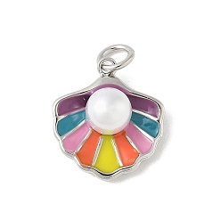 Разноцветный Латунь эмаль подвески, подвески в форме ракушки с бусинами из искусственного жемчуга и соединительными кольцами, стойки покрытие, без кадмия и без свинца, долговечный, платина, красочный, 16.5x14.5x6.5 мм, отверстие : 3.5 мм