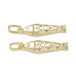 Clair Micro cuivres ouvrent pendentifs zircone cubique, charmes de poissons, plaqué longue durée, crémaillère plaquage, sans plomb et sans cadmium, réel 18 k plaqué or, clair, 32x8x3mm, Trou: 6x3mm