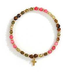 Смешанные камни Винтажные латунные браслеты с крестиками-подвесками, браслеты из натуральных смешанных драгоценных камней с круглыми бусинами для женщин и мужчин, 6.89 дюйм (17.5 см)